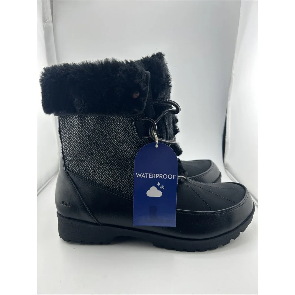 JBU Duck Boots Women 8.5 Black Grey Waterproof Herringbone Faux Fur Winter Snow